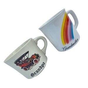 Vintage Mugs International Grandpa Antique Car and Grandmother Rainbow Mug Set